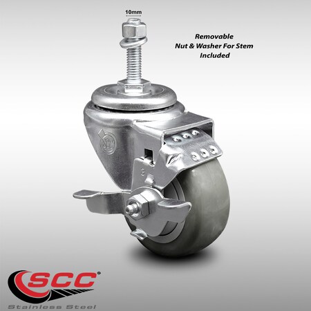 Service Caster 3 Inch SS Gray Polyurethane Swivel 10mm Threaded Stem Caster with Brake SCC SCC-SSTS20S314-PPUB-TLB-M1015